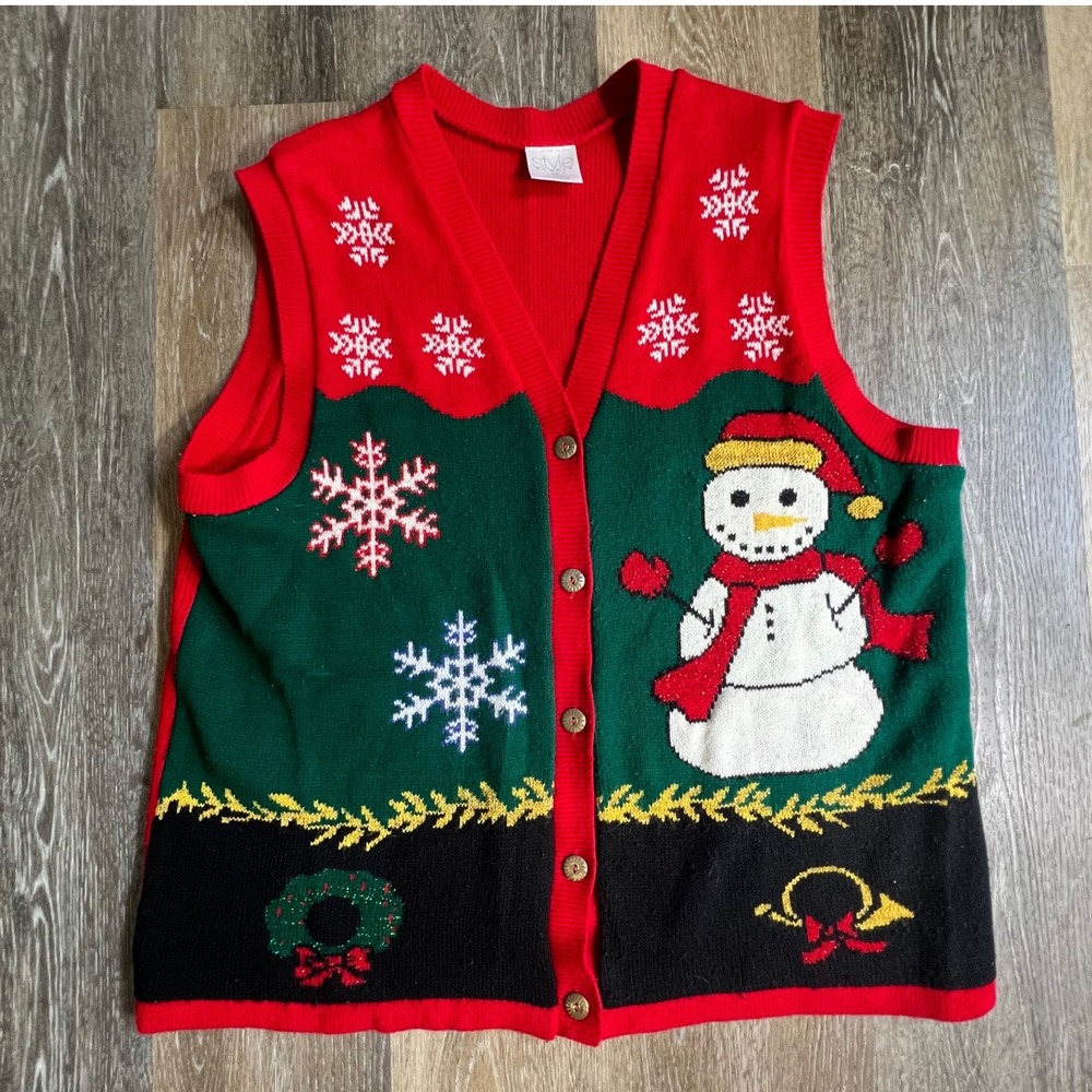 Style Studio Sweater Vest Women 1X Red Snowman Holiday Ugly Christmas Vest